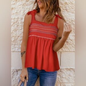 Red Embroidered Geo Design Front Shirred Back Tie Strap Babydoll Tank Top NEW